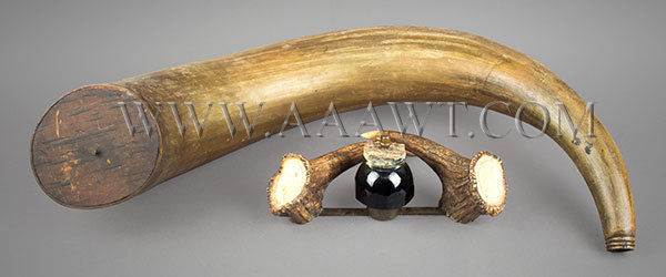 Antique Cannon Powder Horn, Stag Horn Desk Inkwell, group view